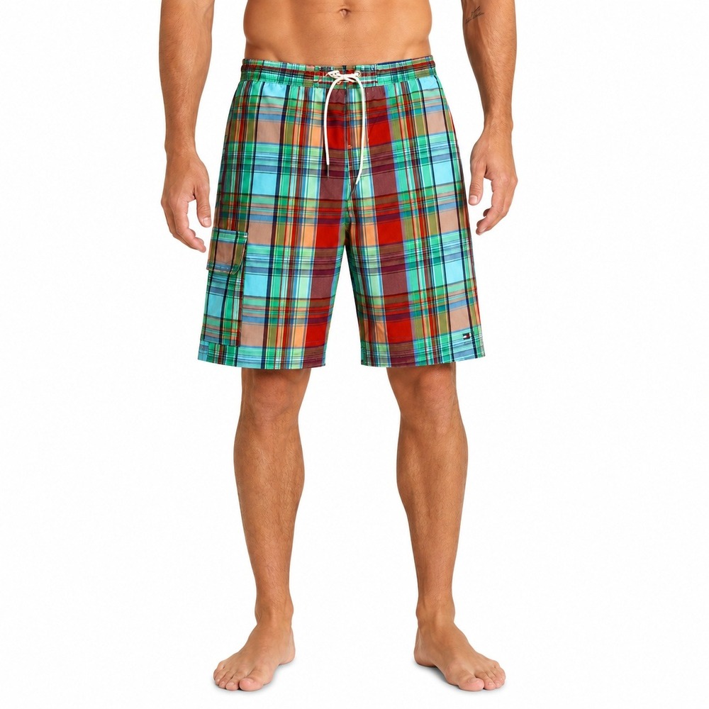 Tommy Hilfiger Swim Trunks Mens XL Multicolor Plaid Cargo Pocket Board Shorts